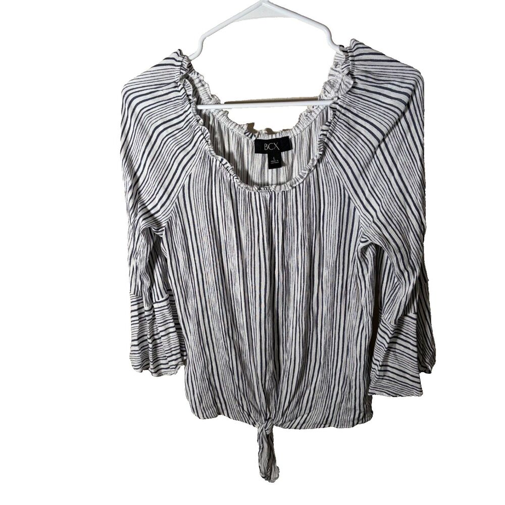 BCX Blouse Women's Large Striped Round Neck 3/4 Sleeve Tie Casual Top